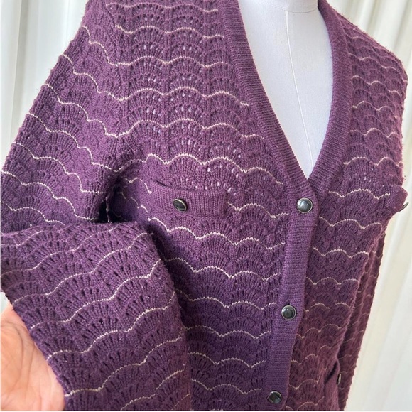 Saks Fifth Avenue Cashmere Wool Blend Cardigan Pointelle Knit Scalloped Large. - Picture 5 of 12